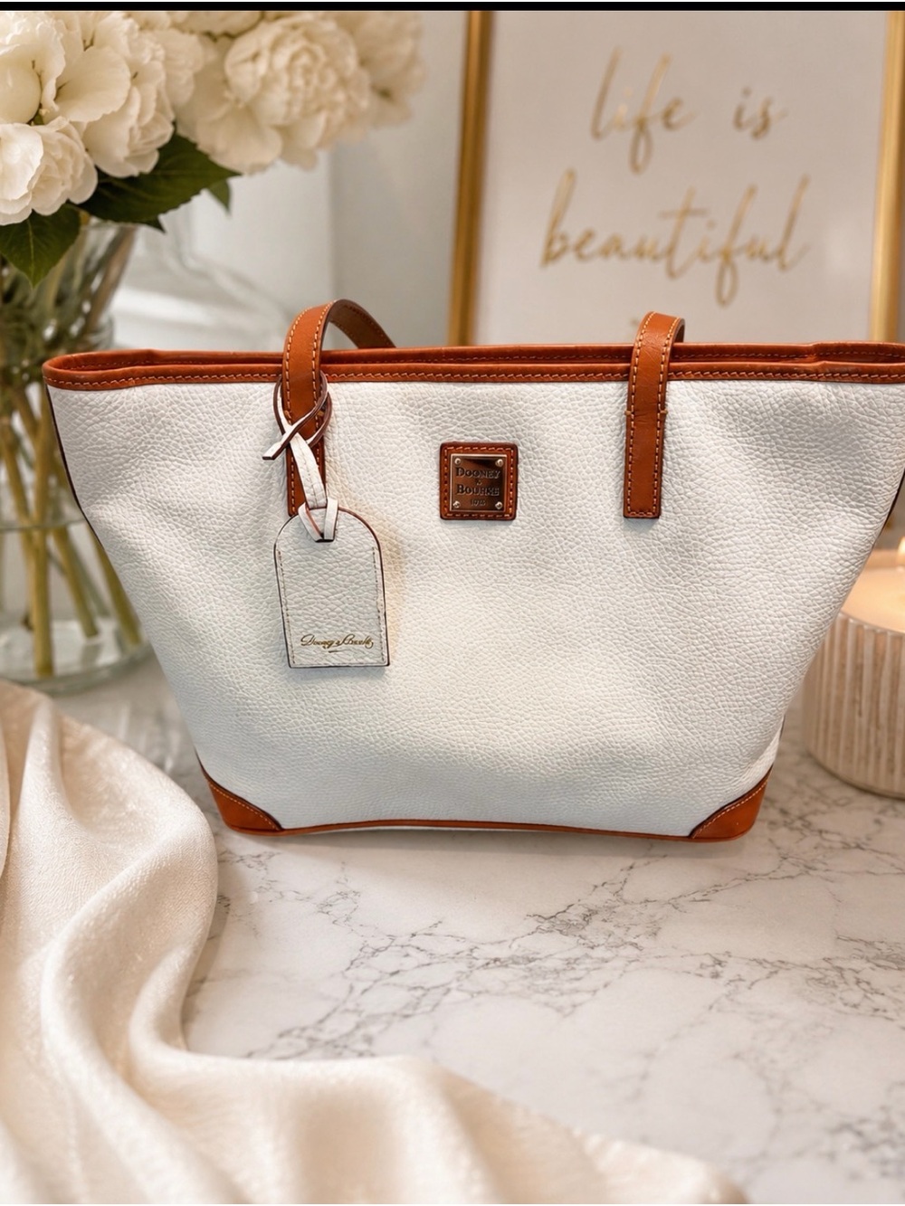Dooney & Bourke Pebble Grain Tote - White with Cognac Trim *Authentic*